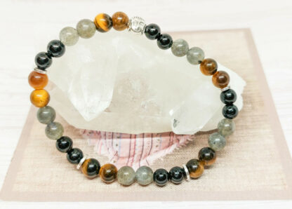Bracelet triple protection labradorite oeil de tigre et tourmaline