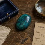 Chrysocolle bleue-verte en cabochon, loupe et fiche d’identification