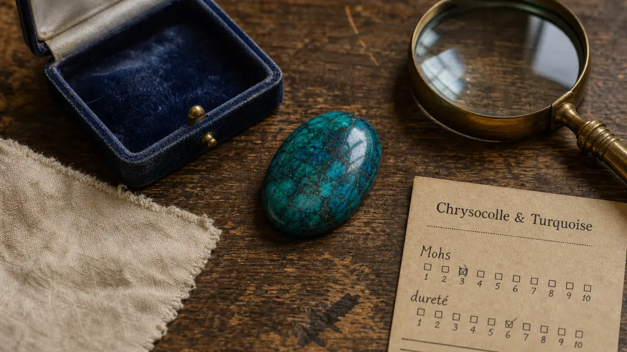 Chrysocolle bleue-verte en cabochon, loupe et fiche d’identification