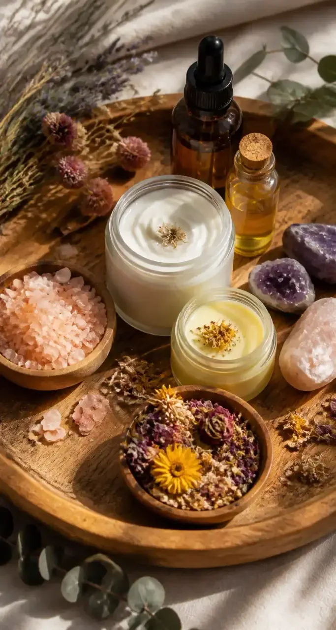 Cosm&eacute;tiques biologiques dispos&eacute;s avec des cristaux, beaut&eacute; naturelle