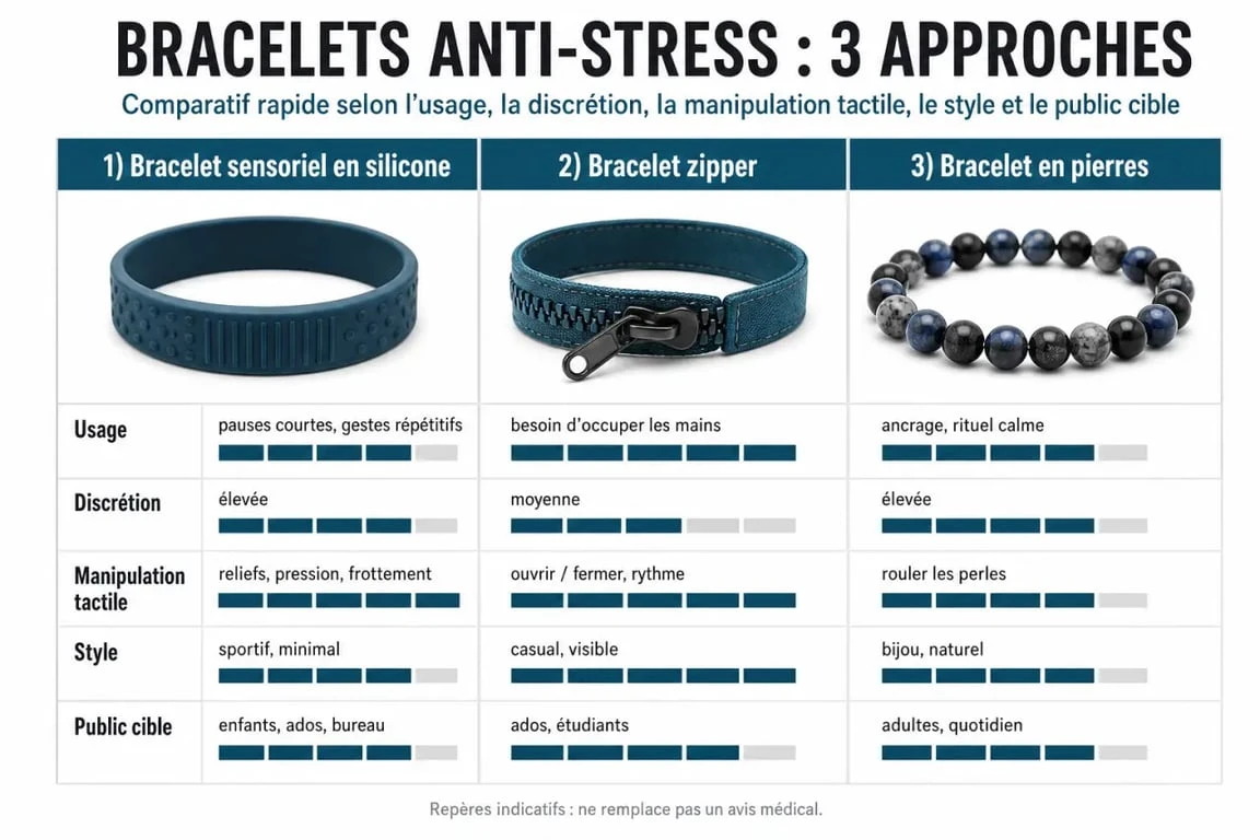 Bracelet anti stress : comparaison visuelle entre bracelet sensoriel, bracelet zipper et bracelet en pierres