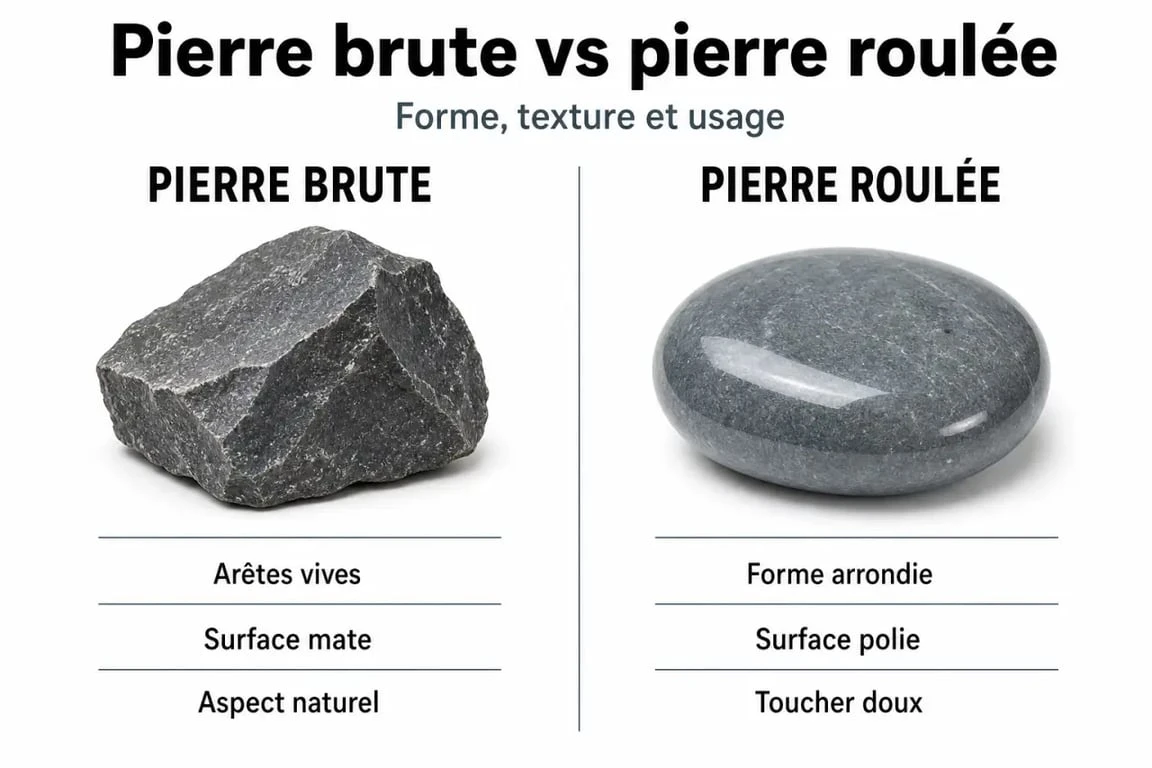 Comparatif visuel entre pierre brute et pierre roulée pour la lithothérapie