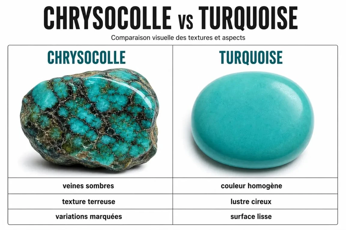 Infographie comparative entre la pierre chrysocolle et la turquoise : différences visuelles et dureté
