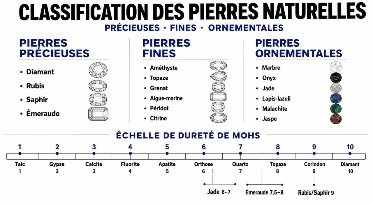 Infographie illustrant la classification des pierres naturelles et l'échelle de dureté de Mohs pour bien choisir ses pierres naturelles.