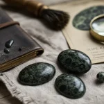 Jaspe kambaba vert foncé : cabochons sur table en bois