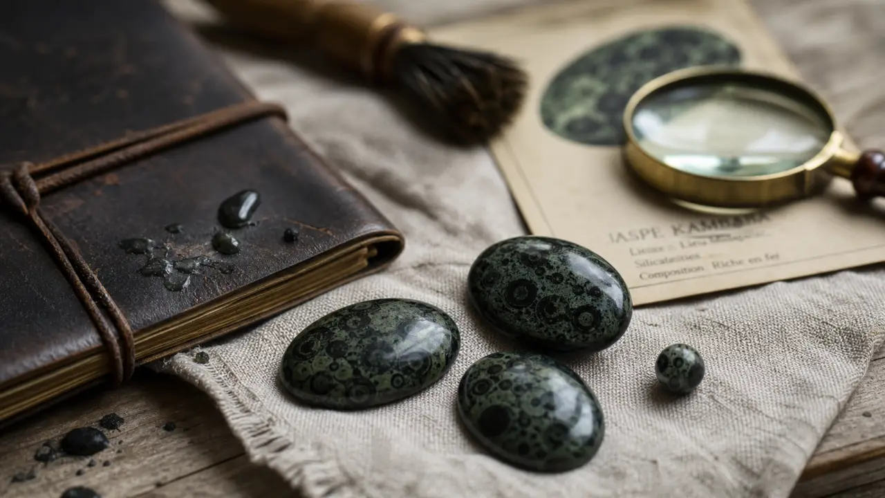 Jaspe kambaba vert foncé : cabochons sur table en bois