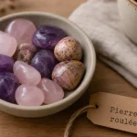 Pierres roulées : galets polis sur table en bois, quartz rose et améthyste
