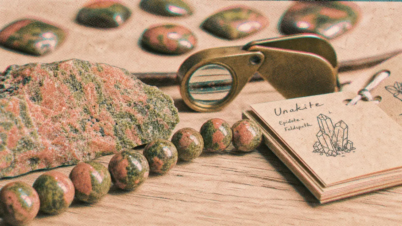 Unakite, perles rose saumon et vert épidote, macro