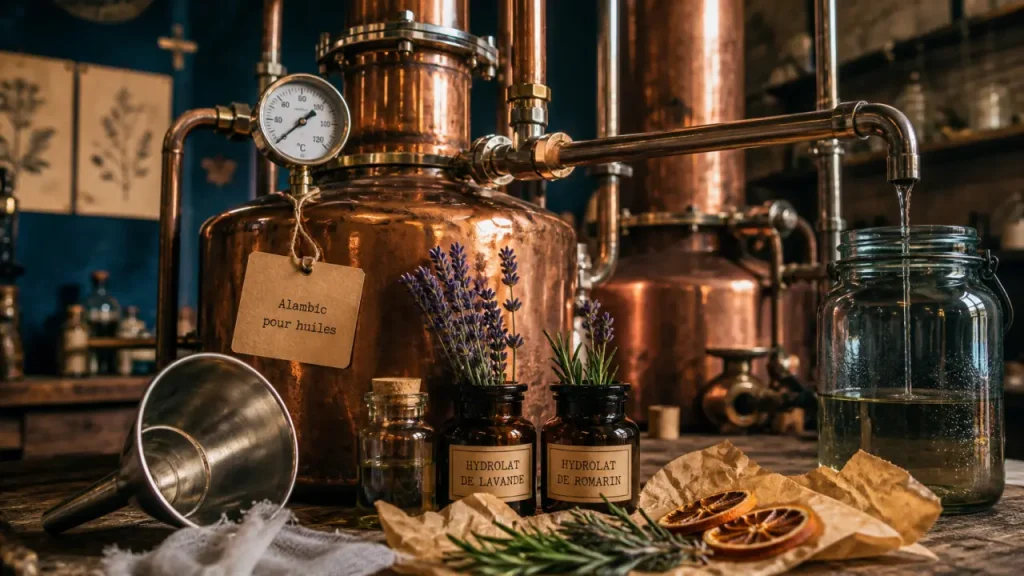 Alambic pour huiles essentielles en cuivre : distillation en atelier