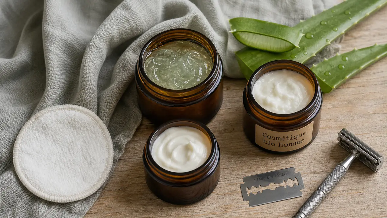 Photo bio homme cosmétique : gel visage et baume après-rasage pour peau sensible