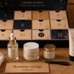 Calendrier de l avent soin visage, flacons et pots skincare en salle de bain