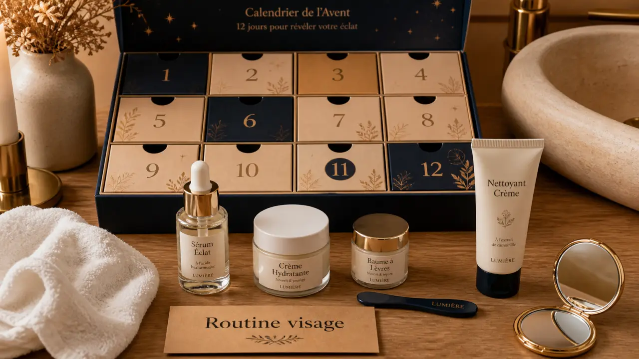 Calendrier de l avent soin visage, flacons et pots skincare en salle de bain
