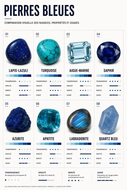 Comparaison des pierres naturelles bleues avec différentes nuances et usages