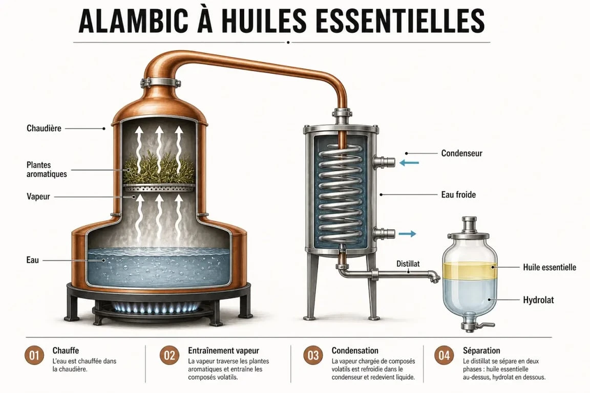Schéma d’alambic pour huiles essentielles montrant la distillation vapeur et la séparation hydrolat et huile essentielle