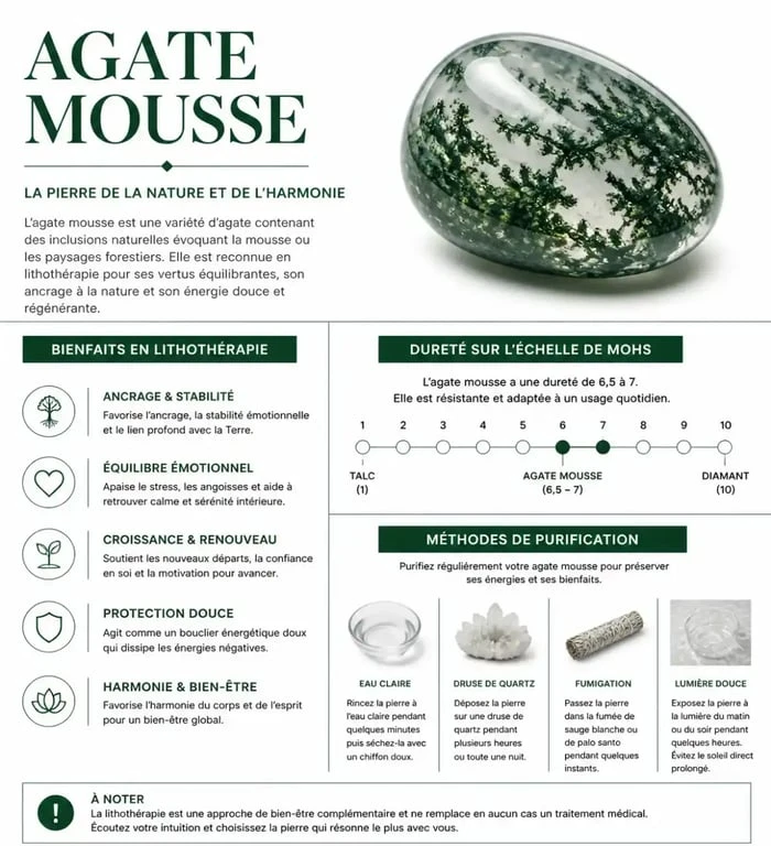 Infographie sur les propriétés et bienfaits de l'agate mousse en lithothérapie