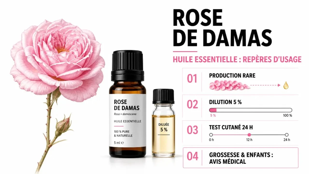 Infographie éditoriale sur les huiles essentielles rose de Damas : rareté, dilution et précautions d’usage