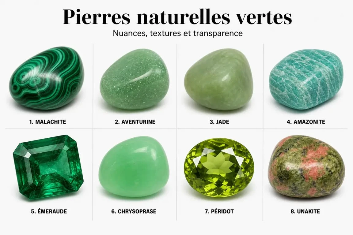 Pierres naturelles vertes en comparaison visuelle avec malachite, aventurine, jade, amazonite, émeraude, chrysoprase, péridot et unakite