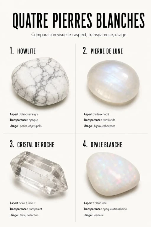 Pierres semi précieuses blanches comparées en visuel éditorial : howlite, pierre de lune, cristal de roche et opale blanche