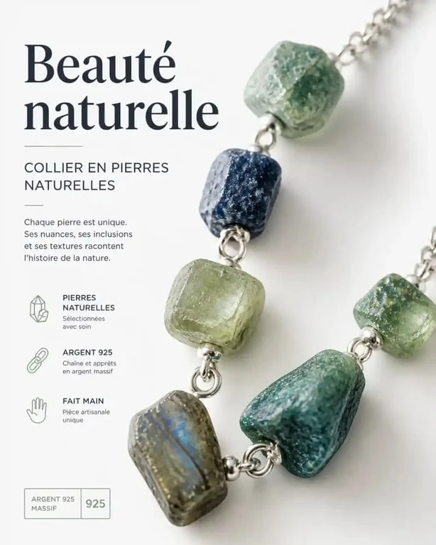 Détail de l'artisanat et de la qualité des pierres naturelles sur un collier