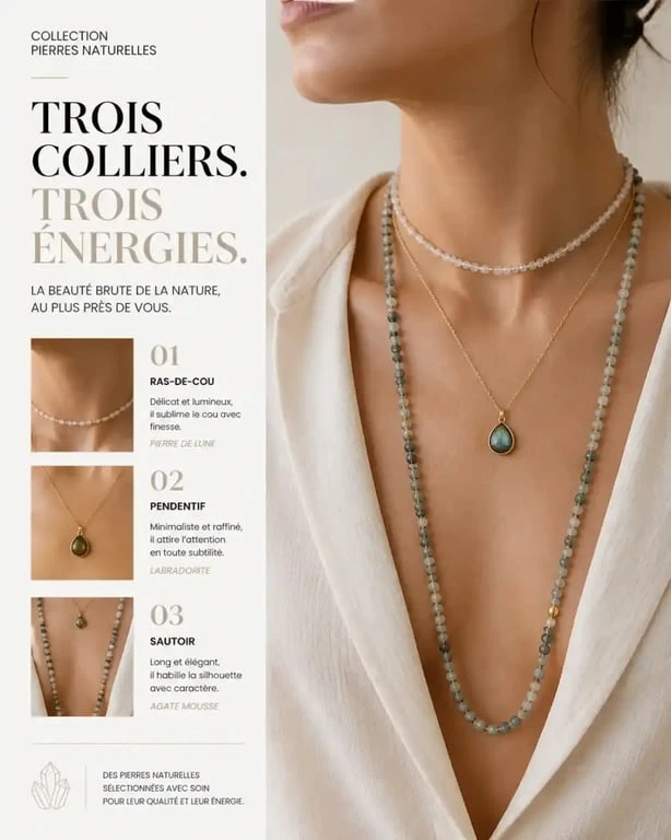 Différents styles de colliers en pierres naturelles portés pour illustrer les longueurs et formes disponibles