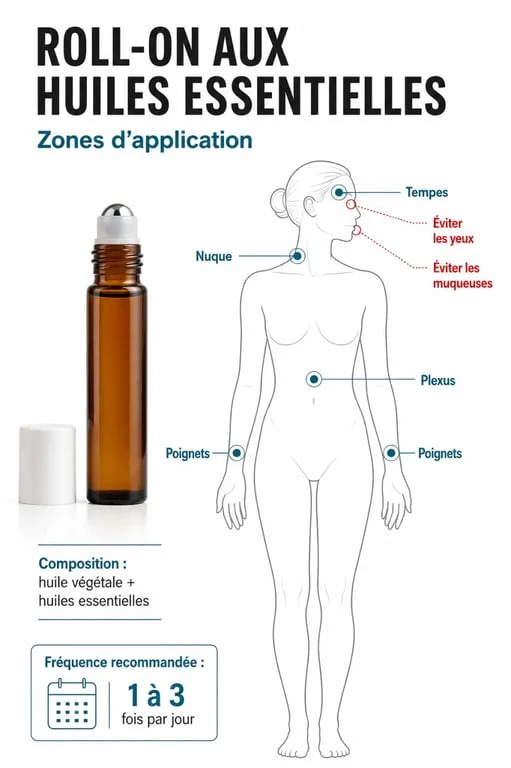Infographie roll on huiles essentielles : zones d’application, précautions et fréquence d’usage