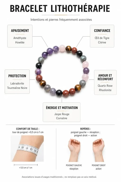 Bracelet lithothérapie : guide visuel pour choisir la pierre selon l’intention et la taille du poignet