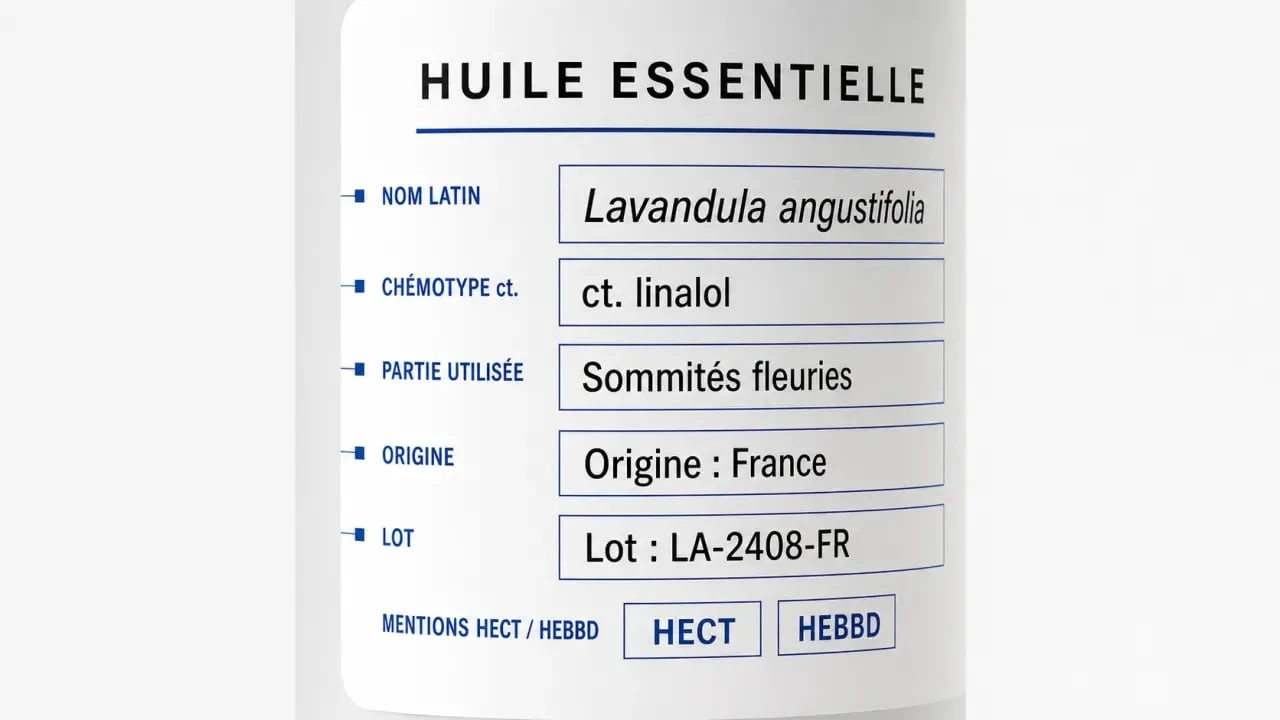 Chémotypées huiles essentielles : lecture d’une étiquette avec nom latin, chémotype et traçabilité