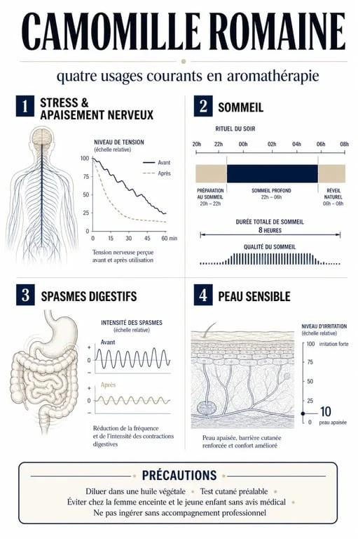 Infographie sur les huiles essentielles camomille romaine : stress, sommeil, spasmes digestifs, peau sensible et précautions