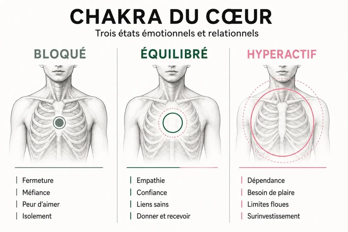 Chakra du cœur bloqué symptômes : comparaison visuelle des signes d’un chakra bloqué, équilibré et hyperactif