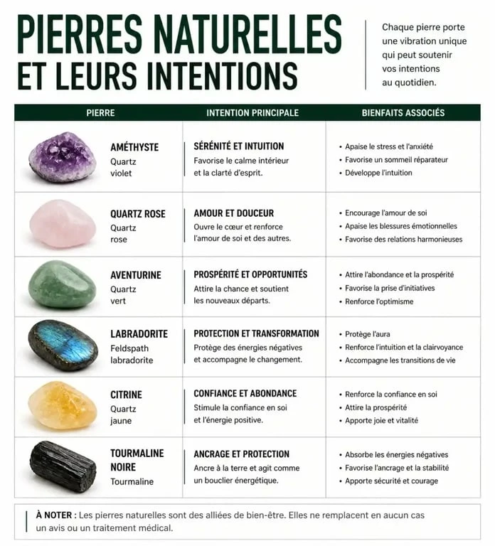 Tableau des propriétés des pierres naturelles pour bracelets en pierres naturelles