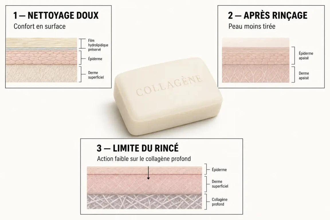 Savon au collagène bienfaits : visuel éditorial sur les effets réels, le confort cutané et les limites d’un savon rincé