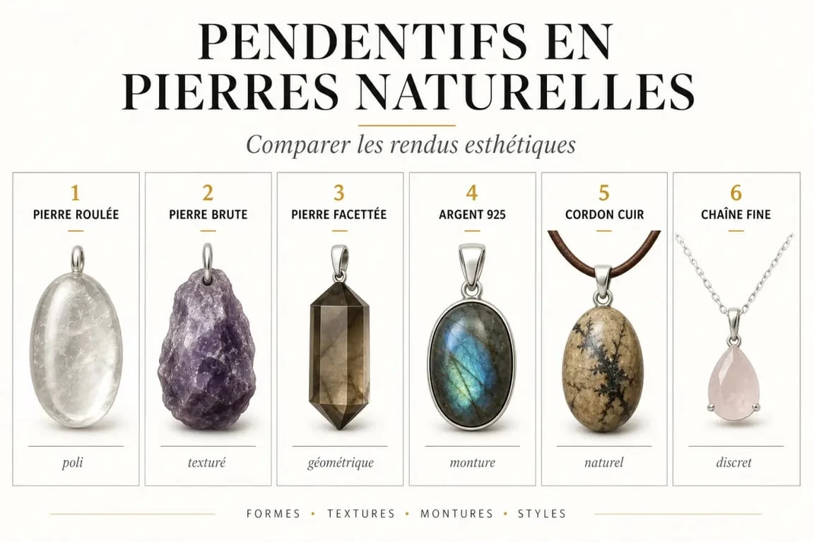 Pendentifs pierres naturelles comparés selon la forme, la couleur et le montage