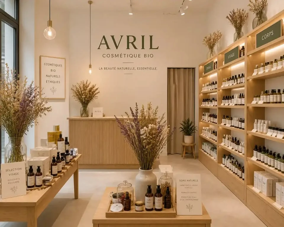 Boutique Avril Cosmétique Bio à Auber avec design en chêne et végétaux
