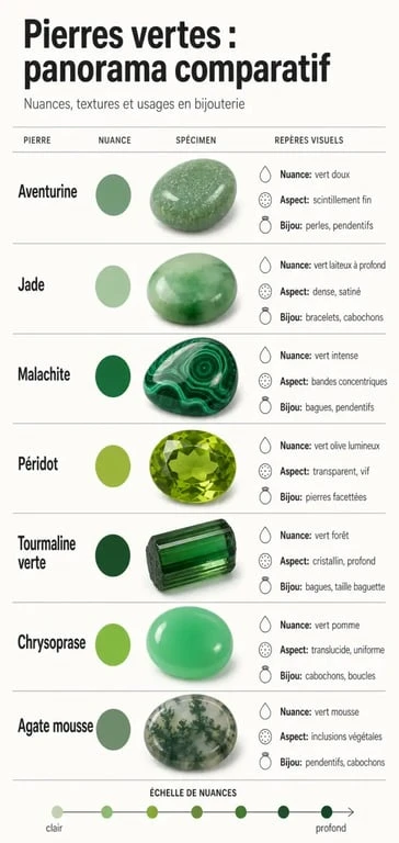 Comparatif des pierres semi précieuses vertes avec leurs nuances et usages