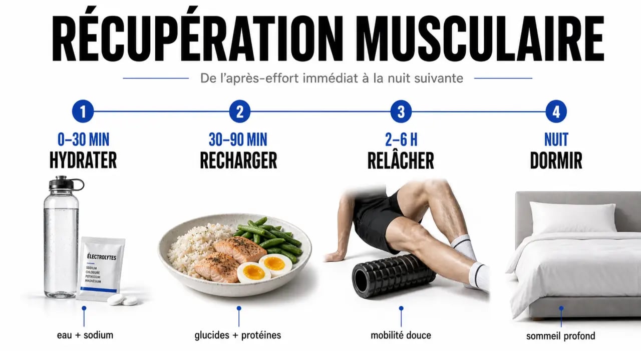 Comment optimiser sa récupération musculaire après une séance intense : chronologie visuelle avec hydratation, repas, mobilité douce et sommeil
