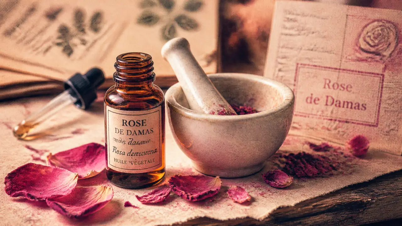 Huiles essentielles rose de damas diluées à 5% dans un flacon ambré