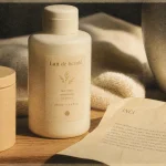 Lait de beauté bio pur paris sur étagère, flacon blanc et étiquette INCI
