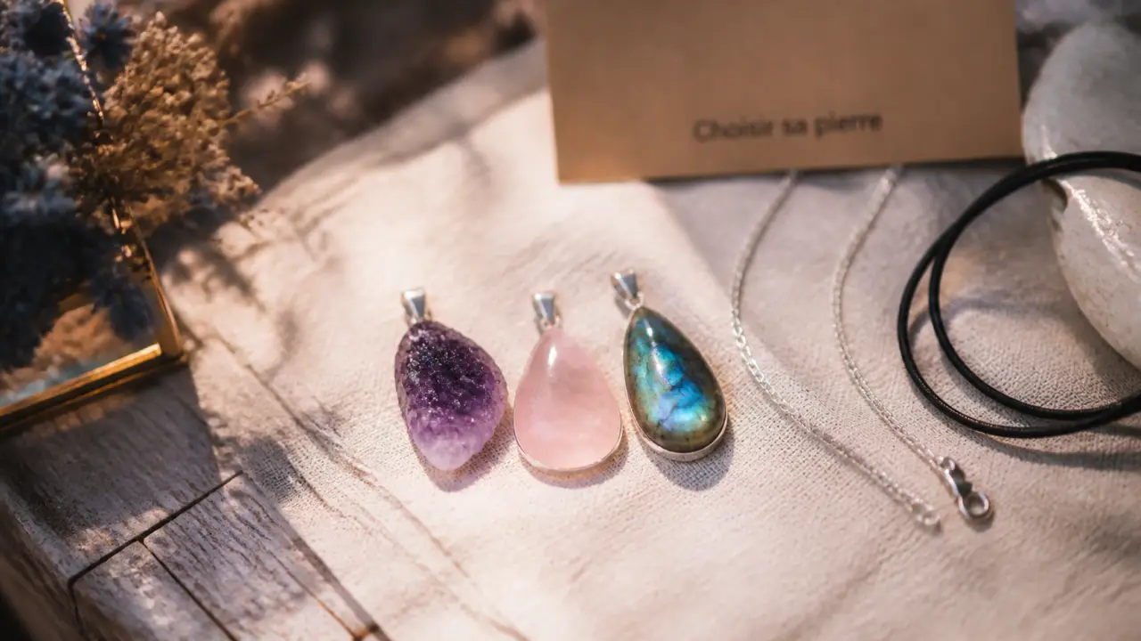 Lithothérapie pendentif : pierre, montage et chaîne