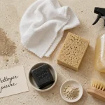 Nettoyer des pierres naturelles avec eau tiède et savon doux sur travertin