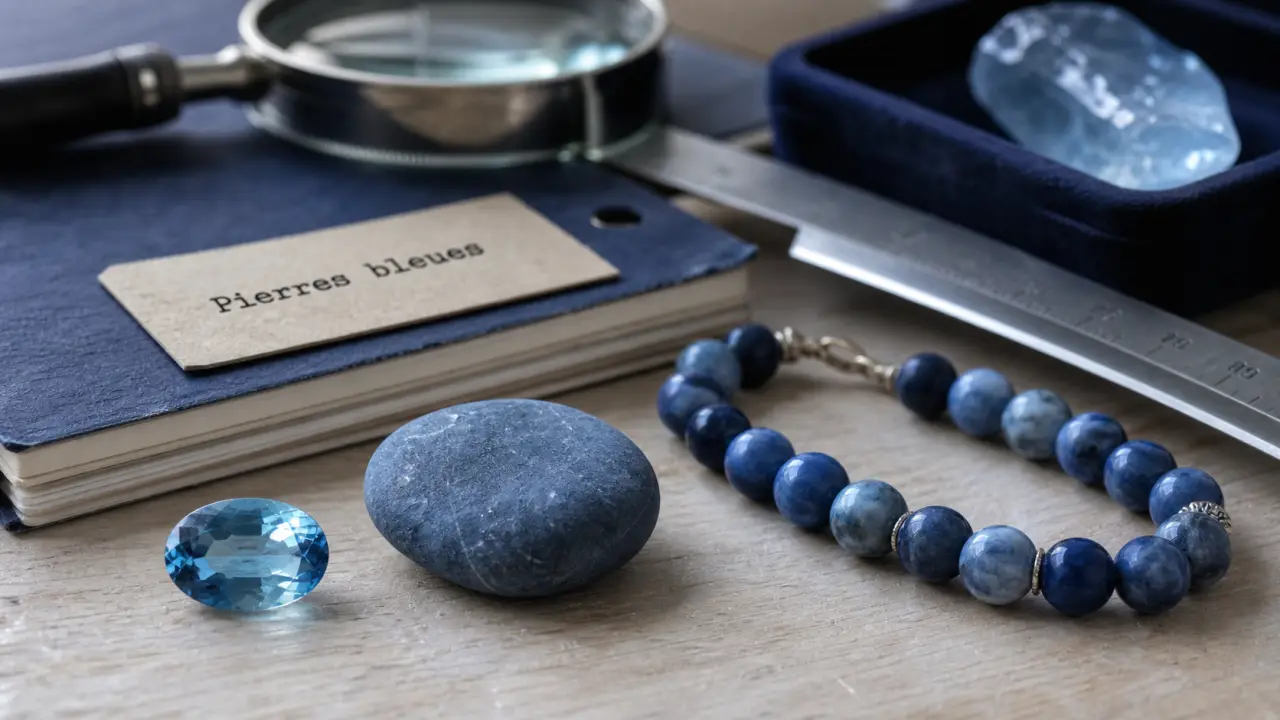 Pierres naturelles bleues : aigue-marine, galet bleu et bracelet