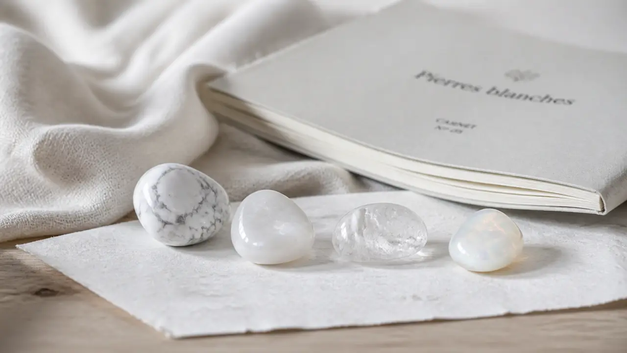 Pierres semi précieuses blanches : howlite, pierre de lune nacrée, cristal de roche transparent, opale blanche irisée
