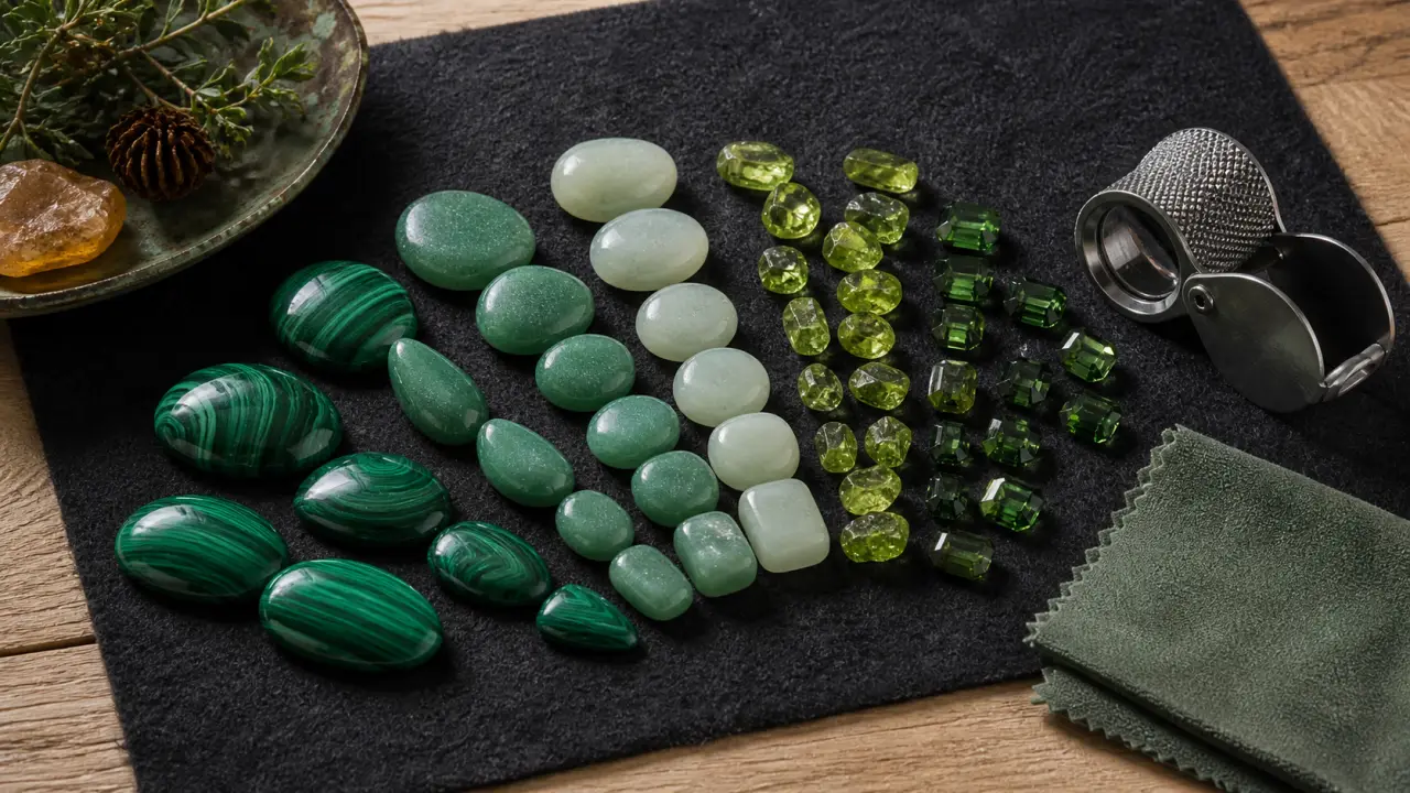 Pierres semi précieuses vertes : malachite, aventurine, jade sur fond bois