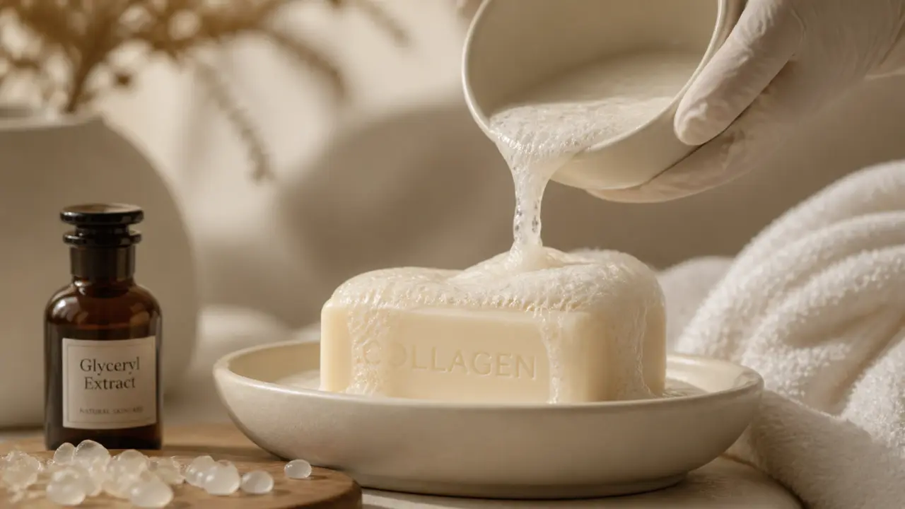 Savon au collagène bienfaits, pain sur vasque en céramique