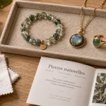 Bijoux en pierres naturelles : bracelet, pendentif et bague sur table bois clair