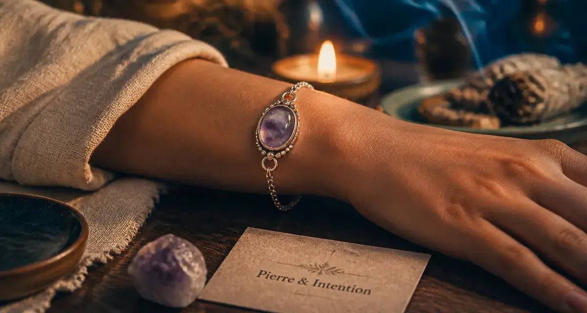 Bijoux lithothérapie : pierre naturelle (améthyste) sur poignet