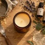 Bougie aux huiles essentielles, bocal en verre ambré et flacons d’huiles