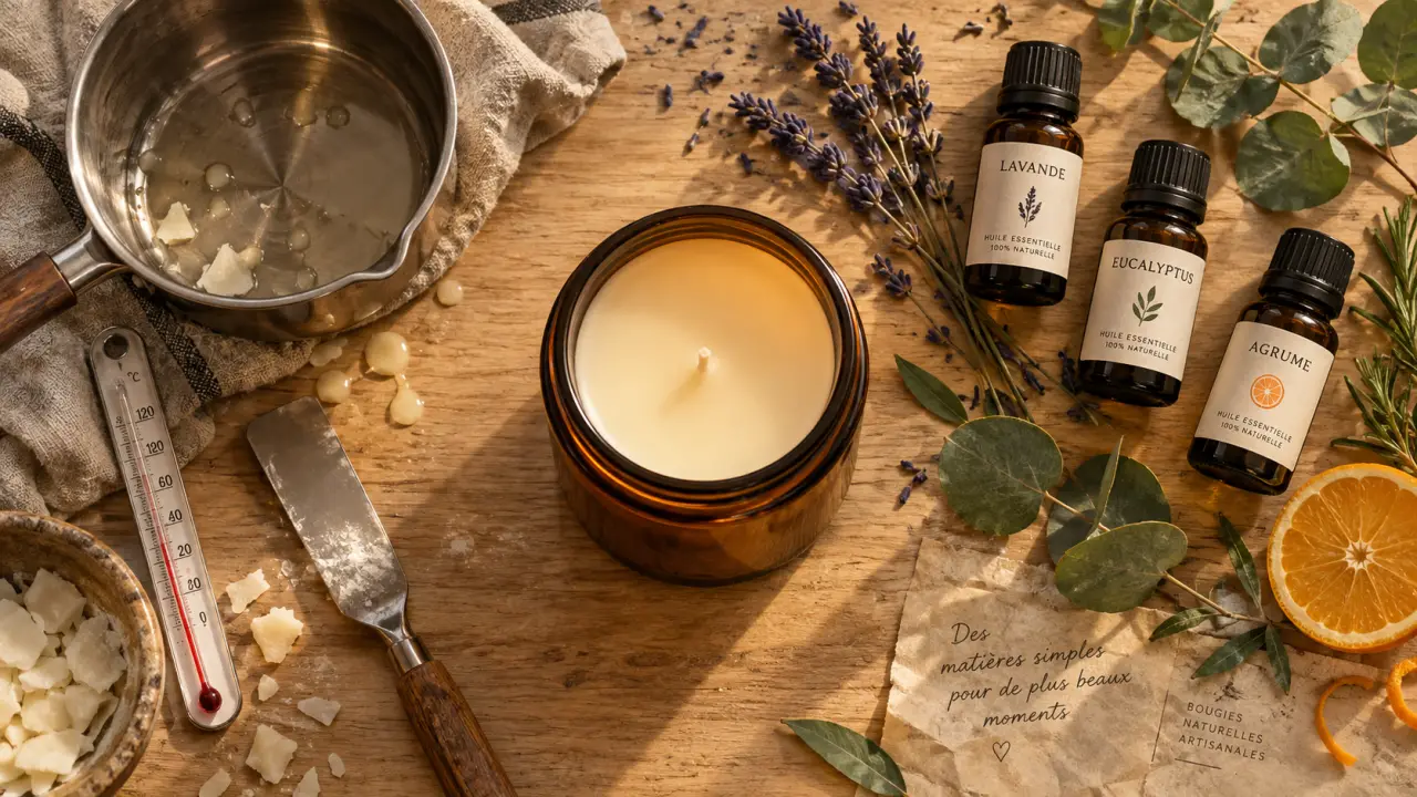 Bougie aux huiles essentielles, bocal en verre ambré et flacons d’huiles