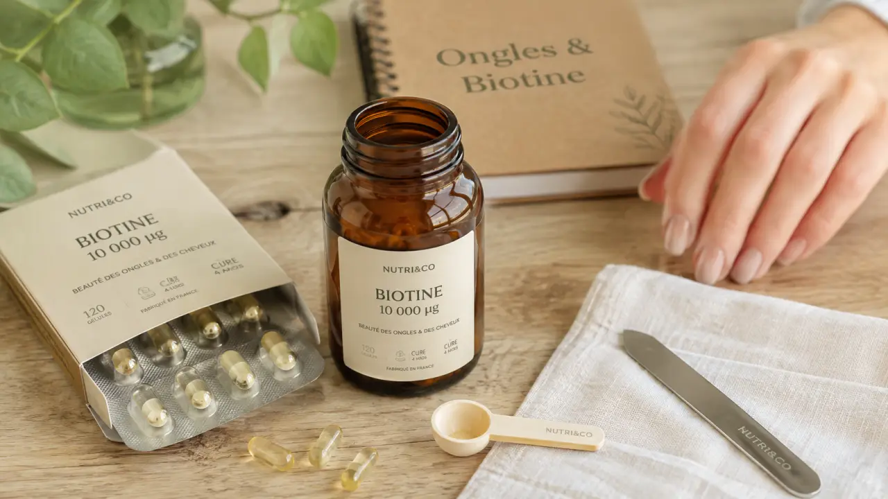 Complément alimentaire ongles : biotine, kératine et minéraux, vue à plat