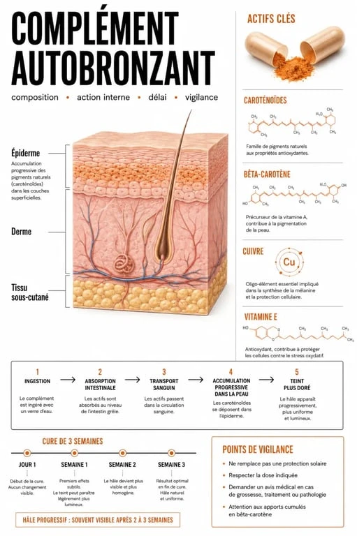 Infographie sur le complément alimentaire autobronzant, ses actifs, son délai d’action et ses précautions