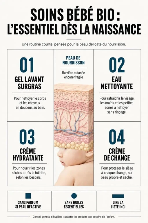 Infographie des soins bébé bio essentiels pour la toilette, l'hydratation et le change